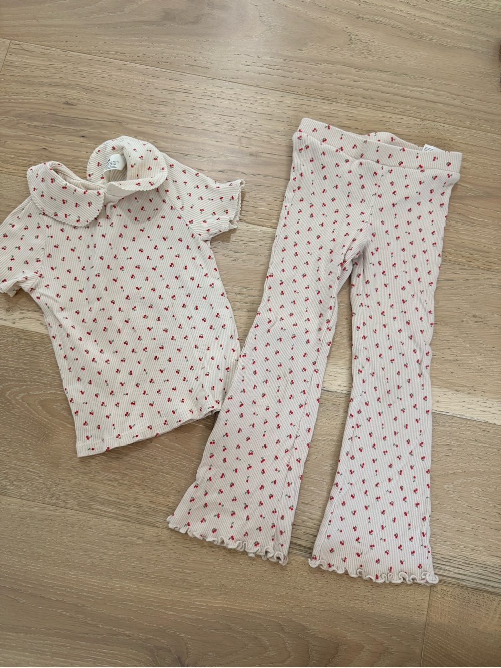 H&M Cream Top and Pants Set with Red Cherry Print